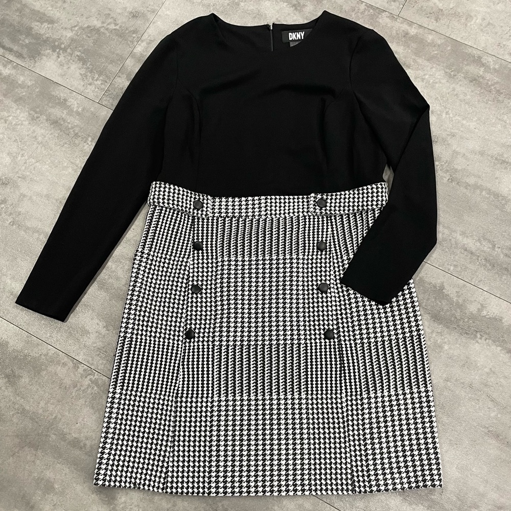 DKNY Black Top with Black & White Houndstooth Skirt Dress